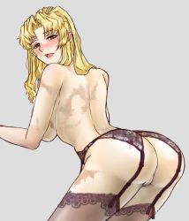 Rule 34 | 1girl, akabi (alaburu), ass, back, balalaika (black lagoon), black lagoon, blonde hair, blue eyes, blush, breasts, from behind, garter belt, lace, lace-trimmed legwear, lace trim, large breasts, long hair, mole, no panties, open mouth, pussy, scar, solo, thighhighs, topless, uncensored, underwear, underwear only