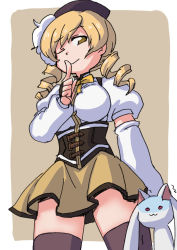 Rule 34 | 1girl, 1other, :3, animal ears, beret, blonde hair, border, breasts, brown headwear, brown thighhighs, bubble skirt, cat ears, corset, detached sleeves, drill hair, female focus, finger to mouth, hair between eyes, hat, holding, holding person, kyubey, large breasts, long sleeves, looking down, looking to the side, mahou shoujo madoka magica, mahou shoujo madoka magica (anime), neck ribbon, one eye closed, puffy short sleeves, puffy sleeves, red eyes, ribbon, shaded face, shirt, short sleeves, skirt, smile, standing, thighhighs, tomoe mami, trembling, twin drills, twintails, user tjkm7824, white border, white shirt, wink, yellow background, yellow eyes, yellow ribbon, yellow skirt