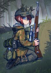 Rule 34 | 1girl, belt, binoculars, bolt action, boots, brown hair, buckle, camouflage, canteen, commentary, erica (naze1940), forest, german commentary, gloves, gun, hat, highres, holding, holding gun, holding weapon, mauser 98, military, military uniform, nature, original, rifle, scope, short hair, sniper rifle, soldier, solo, swastika, uniform, weapon, wehrmacht, woodland camouflage, world war ii