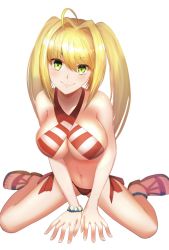 Rule 34 | 1girl, absurdres, ahoge, anklet, bikini, blonde hair, bracelet, breasts, cleavage, fate/grand order, fate (series), green eyes, guchagucha, hair intakes, highres, jewelry, large breasts, looking at viewer, navel, nero claudius (fate), nero claudius (fate), nero claudius (swimsuit caster) (fate), sandals, side-tie bikini bottom, smile, solo, swimsuit, twintails, v arms, white background