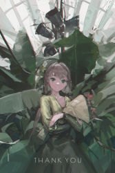 Rule 34 | 1girl, absurdres, bouquet, brown hair, chromatic aberration, collarbone, commentary, dress, english commentary, english text, flower, green dress, green eyes, highres, holding, holding bouquet, leaf, long sleeves, looking at viewer, original, parted lips, red flower, short hair, solo, thank you, upper body, zygocactus