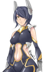 Rule 34 | 10s, 1girl, alternate costume, bad id, bad pixiv id, bare shoulders, blue hair, bodysuit, clothing cutout, cowboy shot, hair over one eye, headgear, highres, kantai collection, navel cutout, short hair, side cutout, solo, tenryuu (kancolle), tuna21, twitter username, white background, yellow eyes