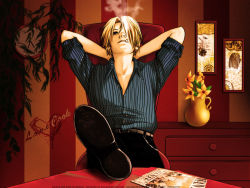 Rule 34 | 1boy, arms behind head, black footwear, black pants, blonde hair, blue shirt, cigarette, clock, collared shirt, hair over one eye, heart, indoors, kimiko, laboon, looking at viewer, male focus, one piece, pants, picture frame, pinstripe pattern, pirate, poster, red upholstery, sanji (one piece), shirt, shoes, sitting, smoking, solo, striped clothes, striped shirt, table, vase, wanted, whale