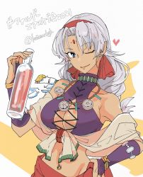 1boy, 1girl, alcohol, bangs, bead necklace, beads, blonde hair, blue eyes, bottle, bracelet, breasts, bridal gauntlets, cleavage, cleavage cutout, closed mouth, clothing cutout, coat, commentary, crop top, dark skin, dark skinned female, earrings, eiyuu densetsu, eyebrows visible through hair, forehead jewel, gloves, hairband, hand on hip, hashtag, heart, highres, holding, holding bottle, hoop earrings, jewelry, kaimurkgk, large breasts, lips, long hair, looking at viewer, lying, navel, navel piercing, necklace, olivert reise arnor, on stomach, one eye closed, orange background, parted bangs, piercing, purple gloves, sarong, sash, scherazard harvey, silver hair, simple background, smile, solo focus, sora no kiseki, stomach, twitter username, two-tone background, unconscious, upper body, white background, white coat