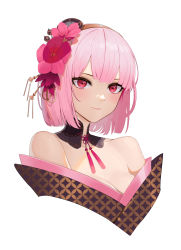 Rule 34 | 1girl, absurdres, bare shoulders, breasts, brown hairband, cleavage, closed mouth, collarbone, commentary, cropped torso, flower, hair flower, hair ornament, hairband, highres, hololive, hololive english, looking at viewer, medium breasts, mori calliope, mori calliope (new year), official alternate costume, pink hair, red eyes, red flower, short hair, simple background, soho (user dphk5745), solo, upper body, virtual youtuber, white background