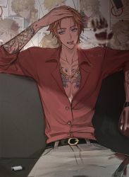 Rule 34 | 1boy, aether (genshin impact), arm tattoo, artist name, belt, blood, blood on clothes, bloody handprints, blue eyes, chain, chain necklace, chest tattoo, cigarette, corrupted twitter file, couch, ear piercing, earrings, genshin impact, ha ze, hand on own face, hand on own head, handprint, highres, jewelry, lighter, male focus, mouth hold, necklace, orange hair, pants, pectoral cleavage, pectorals, photo (object), piercing, red shirt, shirt, single earring, sitting, smoke, smoking, solo, tartaglia (genshin impact), tattoo, tongue, tongue piercing