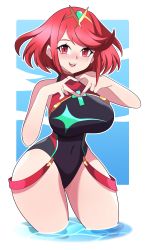 Rule 34 | 1girl, absurdres, abysswatchers, black one-piece swimsuit, breasts, chest jewel, competition swimsuit, curvy, headpiece, highres, large breasts, one-piece swimsuit, pyra (pro swimmer) (xenoblade), pyra (xenoblade), red eyes, red hair, red one-piece swimsuit, short hair, solo, strapless, strapless one-piece swimsuit, swept bangs, swimsuit, tiara, two-tone swimsuit, wide hips, xenoblade chronicles (series), xenoblade chronicles 2