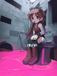 Rule 34 | 1girl, :/, absurdres, antenna hair, backrooms (creepypasta), black bow, boots, bow, closed mouth, detached sleeves, fold-over boots, food, food in mouth, hair bow, highres, long hair, long sleeves, looking at viewer, magical girl, mahou shoujo madoka magica, mahou shoujo madoka magica (anime), morizo (morizoshop), pink eyes, pink gemstone, pocky, pocky in mouth, raised eyebrow, red footwear, red hair, sakura kyoko, sitting, sleeveless, solo, soul gem, white sleeves