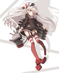 Rule 34 | 10s, 1girl, :t, amatsukaze (kancolle), brown eyes, dress, full body, garter straps, gloves, hair ornament, hat, high heels, highres, kantai collection, long hair, mecha musume, mini hat, personification, pout, red thighhighs, rensouhou-kun, sailor dress, shirabi, silver hair, solo, thighhighs, torpedo, two side up, very long hair, white gloves