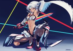 Rule 34 | 1girl, absurdres, altera (fate), arm warmers, armpits, breasts, dark skin, dark-skinned female, fate/grand order, fate (series), highres, itaco, midriff, navel, photon ray (fate), red eyes, reverse grip, small breasts, solo, squatting, strapless, sword, tattoo, tube top, veil, weapon