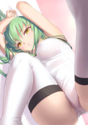 Rule 34 | 00s, 1girl, breasts, c.c., code geass, covered erect nipples, from below, green hair, large breasts, leotard, looking down, lying, on back, solo, thighhighs, uni (plastic girl), yellow eyes