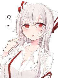 Rule 34 | 1girl, ?, blush, bow, breasts, collarbone, collared shirt, commentary request, food, food on face, fujiwara no mokou, hair between eyes, hand up, highres, hiiro60, long hair, long sleeves, looking away, medium breasts, multicolored bow, open mouth, pointing, red bow, red eyes, rice, shirt, silver hair, simple background, solo, touhou, upper body, white background, white bow, white shirt