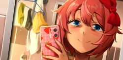 Rule 34 | 1girl, bathroom, blue eyes, bow, cellphone, close-up, clothes hanger, commentary, cropped, doki doki literature club, electrical outlet, english commentary, hair between eyes, hair bow, highres, holding, holding phone, indoors, khyle., looking at viewer, panties, phone, pink hair, sayori (doki doki literature club), short hair, sidelocks, smartphone, smile, smoke, solo, tile wall, tiles, underwear, unworn panties, yellow panties