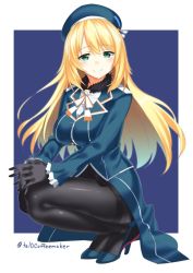 Rule 34 | 10s, 1girl, atago (kancolle), beret, black gloves, black pantyhose, blonde hair, blue background, blue eyes, blue footwear, blue hat, border, bow, bowtie, breasts, buttons, eyebrows, frilled sleeves, frills, full body, fur collar, fur trim, gloves, hat, high heels, kantai collection, large breasts, long hair, long sleeves, military, military uniform, outside border, own hands together, pantyhose, shoes, simple background, solo, squatting, tel, thighband pantyhose, uniform, white border, white bow, white bowtie