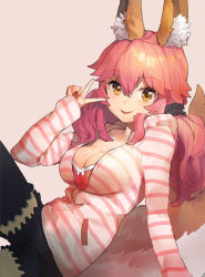 Rule 34 | 10s, 1girl, animal ears, arm support, beige background, black thighhighs, breasts, brown eyes, cleavage, fate/extra, fate/extra ccc, fate (series), fox ears, fox tail, hair between eyes, hair ornament, hair over shoulder, hair scrunchie, hood, hooded jacket, hoodie, jacket, leaning back, leg up, long hair, looking at viewer, low twintails, medium breasts, official alternate costume, pink hair, scrunchie, short shorts, shorts, shovelwell, simple background, sitting, sleeves past wrists, smile, solo, striped clothes, striped hoodie, tail, tamamo no mae (fate/extra), tamamo no mae (spring casual) (fate), thighhighs, twintails, v