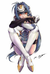 Rule 34 | 00s, 1girl, android, blue hair, breasts, elbow gloves, gloves, headgear, knees up, kos-mos, long hair, red eyes, simple background, sitting, solo, thighhighs, very long hair, white background, xenosaga, xenosaga episode i