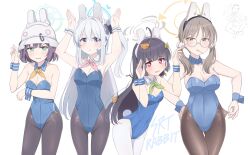 Rule 34 | 1boy, 4girls, adapted costume, animal ears, arms up, bare arms, bare shoulders, black hair, blue archive, blue eyes, blue leotard, blush, bow, bowtie, breasts, brown eyes, brown hair, candy, cleavage, cowboy shot, detached collar, doodle sensei (blue archive), eating, fake animal ears, food, glasses, gundam v, hair ornament, hairclip, halo, hat, headgear, helmet, highres, hoshino ouka, large breasts, leaf, leaf on head, leotard, lollipop, long hair, looking at viewer, medium breasts, miyako (blue archive), miyu (blue archive), moe (blue archive), multiple girls, one side up, pantyhose, playboy bunny, rabbit ears, rabbit pose, rabbit tail, red eyes, saki (blue archive), sensei (blue archive), short hair, side ponytail, small breasts, strapless, strapless leotard, tail, twintails, uso ewin, white hair, white pantyhose, wrist cuffs