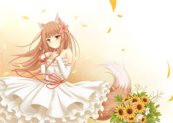 Rule 34 | 1girl, alternate costume, animal ears, blush, brown hair, choker, dress, flower, frilled dress, frills, hair flower, hair ornament, holo, long hair, looking at viewer, nncat, petals, red eyes, ribbon, smile, solo, spice and wolf, sunflower, tail, wolf ears, wolf tail
