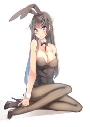 Rule 34 | 1girl, animal ears, black bow, black bowtie, black leotard, bow, bowtie, breasts, brown pantyhose, cleavage, collar, collarbone, commentary request, detached collar, fake animal ears, hair ornament, high heels, highres, large breasts, leotard, looking at viewer, pantyhose, playboy bunny, pumps, rabbit ears, rabbit hair ornament, rabbit tail, sakurajima mai, seishun buta yarou, shoes, simple background, solo, stiletto heels, strapless, strapless leotard, tail, white background, white collar, wrist cuffs, yumemi (kiowa)