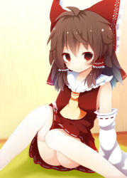 Rule 34 | 1girl, ascot, bad id, bad pixiv id, bare shoulders, beni shake, bow, brown eyes, brown hair, detached sleeves, detail, dress, hair bow, hakurei reimu, knees together feet apart, long sleeves, looking at viewer, red dress, red skirt, sitting, skirt, smile, solo, thighhighs, touhou, white thighhighs, wide sleeves, zettai ryouiki
