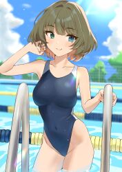 Rule 34 | 1girl, absurdres, bare shoulders, breasts, collarbone, competition swimsuit, covered navel, etsutsuni, green hair, heterochromia, highres, holding own hair, idolmaster, idolmaster cinderella girls, medium breasts, mole, mole under eye, one-piece swimsuit, partially submerged, pool ladder, poolside, short hair, solo, swimsuit, takagaki kaede, thighs