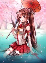 Rule 34 | 10s, 1girl, anchor, arm support, bad id, bad pixiv id, breasts, brown hair, cherry blossoms, detached sleeves, elbow gloves, flower, from side, gloves, hair between eyes, hair flower, hair ornament, kantai collection, light smile, lips, long hair, looking at viewer, meaomao, medium breasts, miniskirt, oil-paper umbrella, outdoors, petals, ponytail, red skirt, ripples, seiza, single thighhigh, sitting, skirt, solo, thighhighs, umbrella, very long hair, white gloves, yamato (kancolle)