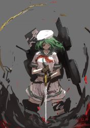 Rule 34 | 10s, 1girl, 2016, dated, eyepatch, closed eyes, green hair, grey background, hat, holding, holding weapon, kantai collection, kiso (kancolle), lansane, neckerchief, one eye covered, rigging, sailor collar, sailor hat, sailor shirt, shadow, shirt, short hair, signature, skirt, smile, solo, sword, thigh strap, weapon, white shirt, white skirt