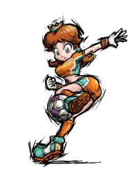 Rule 34 | 1girl, absurdres, ass, ball, blue eyes, brown hair, cleats, clenched hand, crown, earrings, flipped hair, flower earrings, gloves, highres, jewelry, leg up, lips, long hair, looking down, mario (series), masanori sato, midriff, nintendo, official art, outstretched arm, playing sports, princess daisy, short hair, shorts, sketch, soccer, soccer ball, soccer uniform, solo, sportswear, strikers daisy, super mario bros. 1, super mario land, super mario strikers, telstar