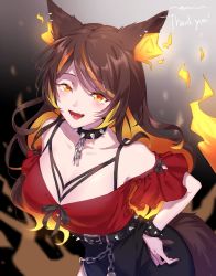 Rule 34 | 1girl, animal ears, belt, black belt, black skirt, breasts, brown hair, cleavage, collar, colored inner hair, commentary, commission, english commentary, fang, fire, hand on own hip, highres, indie virtual youtuber, leaning forward, long hair, medium breasts, multicolored hair, nemu (nemu kpr), off-shoulder shirt, off shoulder, open mouth, orange hair, red shirt, second-party source, shirt, sinder (vtuber), sinder (vtuber) (1st costume), skeb commission, skirt, smile, solo, spiked collar, spikes, streaked hair, virtual youtuber, wolf ears, wolf girl