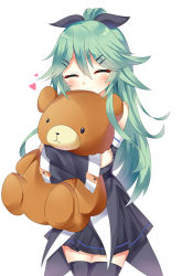 Rule 34 | 10s, 1girl, bare shoulders, black dress, black ribbon, black thighhighs, blush, closed mouth, cowboy shot, detached sleeves, dress, closed eyes, green hair, hair between eyes, hair ornament, hair ribbon, hairclip, head tilt, heart, high ponytail, kantai collection, long hair, looking at viewer, hugging object, peanuts (asd313175), pleated skirt, ribbon, simple background, skirt, sleeves past wrists, smile, solo, stuffed animal, stuffed toy, teddy bear, thighhighs, very long hair, white background, yamakaze (kancolle), zettai ryouiki