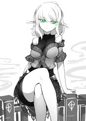 Rule 34 | 1girl, bare shoulders, bike shorts under skirt, breasts, closed mouth, collarbone, crossed legs, green eyes, greyscale, highres, looking away, mizuhashi parsee, monochrome, off shoulder, pointy ears, raptor7, short hair, sitting, skirt, solo, spot color, touhou