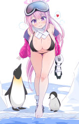 Rule 34 | 1girl, animal, barefoot, bikini, bird, black bikini, blue archive, breasts, commentary request, eimi (blue archive), eimi (swimsuit) (blue archive), full body, goggles, goggles on head, halo, heart, highres, ice, large breasts, long hair, looking at viewer, official alternate costume, pc fworks, penguin, pink halo, ski goggles, solo, spoken heart, standing, swimsuit