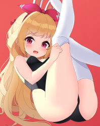 Rule 34 | 1girl, absurdres, anchor symbol, animal costume, azur lane, blonde hair, blush, breasts, commission, frown, full body, grey footwear, hairband, highres, huge filesize, jenkins (azur lane), leg up, leotard, long hair, long sleeves, machinery, miniskirt, neckerchief, open mouth, orange eyes, pixiv commission, playboy bunny, red background, red hairband, red neckerchief, red ribbon, ribbon, skirt, small breasts, solo, standing, thigh strap, thighhighs, thighs, wavy hair, zangi (lkt2012)