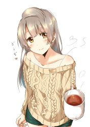 Rule 34 | 10s, 1girl, aran sweater, bare shoulders, blush, brown eyes, cable knit, coffee, collarbone, cup, hair down, highres, ksk (semicha keisuke), long hair, love live!, love live! school idol project, minami kotori, mug, off-shoulder, off-shoulder sweater, off shoulder, ribbed sweater, shorts, sketch, smile, solo, steam, sweater