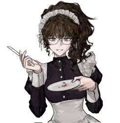 1girl brown_eyes brown_hair eyeball glasses hair_between_eyes highres holding holding_knife holding_plate kkuang knife looking_at_viewer maid maid_headdress plate ponytail sidelocks simple_background smile solo umineko_no_naku_koro_ni upper_body ushiromiya_natsuhi white_background