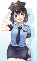 Rule 34 | 1girl, alternate costume, animal ears, bad id, bad twitter id, blue necktie, blue shirt, blue skirt, blush, collared shirt, commentary request, common raccoon (kemono friends), cowboy shot, fang, grey hair, hat, japari symbol, kemono friends, multicolored hair, necktie, open mouth, pencil skirt, police, police hat, police uniform, policewoman, raccoon ears, raccoon girl, raccoon tail, salute, shirt, short hair, short sleeves, skirt, solo, suicchonsuisui, tail, uniform, white hair, yellow eyes
