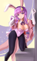 Rule 34 | 1girl, animal ears, black pantyhose, blunt bangs, bow, breasts, cleavage, crescent, crescent hair ornament, detached collar, elbow gloves, full moon, gloves, hair bow, hair ornament, hand in own hair, highres, large breasts, leg support, leotard, long hair, looking at viewer, moon, namiki (remiter00), neck ribbon, on one knee, pantyhose, parted lips, patchouli knowledge, pink footwear, playboy bunny, purple eyes, purple hair, rabbit ears, rabbit girl, ribbon, robe, sidelocks, sky, solo, star (sky), starry sky, teeth, touhou, very long hair, white gloves
