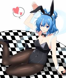 Rule 34 | 1girl, absurdres, alternate costume, animal ears, arm support, black pantyhose, blue eyes, blue hair, board game, bow, bowtie, breasts, card, chess piece, cleavage, covered navel, detached collar, fake animal ears, flag, hagoromo, heart, highres, kaku seiga, large breasts, leotard, looking at viewer, on floor, pantyhose, parted lips, perspective, playboy bunny, rabbit ears, rise (rise19851203), shawl, sitting, smile, solo, spoken heart, tile floor, tiles, touhou, wrist cuffs, yokozuwari