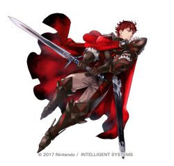 Rule 34 | 1boy, armor, belt, black gloves, cape, closed mouth, diamant (fire emblem), fire emblem, fire emblem engage, fire emblem heroes, full body, fur trim, furrowed brow, gloves, high collar, holding, holding sword, holding weapon, long sleeves, looking to the side, nintendo, official art, pants, red cape, red eyes, red hair, short hair, shoulder armor, solo, standing, sword, turtleneck, watermark, weapon, white background