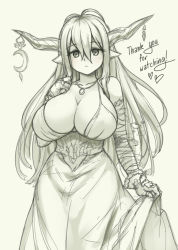 Rule 34 | 10s, 1girl, blush, breasts, cleavage, curtsey, danua, draph, dress, elbow gloves, female focus, gloves, granblue fantasy, horn ornament, horns, jewelry, large breasts, long hair, monochrome, necklace, pas (paxiti), pointy ears, sagging breasts, solo, spaghetti strap, thank you