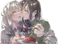 Rule 34 | 2girls, backlighting, black hair, blush, brown eyes, cake, collared shirt, commentary request, dated, food, fork, fruit, green sweater, hair ornament, happy birthday, highres, holding, holding fork, holding plate, imminent kiss, kiss, kissing cheek, long sleeves, looking at another, multiple girls, nail polish, nijisanji, one eye closed, parted lips, pink eyes, pink nails, plate, shirayuki tomoe, shirt, shuu-0208, sleeves past wrists, strawberry, sukoya kana, sweater, turtleneck, turtleneck sweater, twintails, upper body, virtual youtuber, white background, white hair, white shirt, x hair ornament, yuri