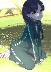 Rule 34 | 1girl, :o, amayoshi, black hair, blunt bangs, braid, day, glasses, grass, gym shirt, hair over shoulder, highres, jacket, long hair, original, outdoors, over-rim eyewear, pants, parted bangs, seiza, semi-rimless eyewear, shade, shirt, shoes, sitting, sleeves past wrists, sneakers, solo, track jacket, track pants, track suit, twin braids