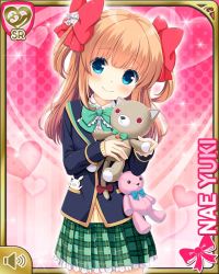 Rule 34 | 1girl, argyle, argyle clothes, argyle legwear, blue eyes, bow, bowtie, brown hair, card (medium), closed mouth, girlfriend (kari), hair bow, looking at viewer, mary janes, official art, pink background, plaid, plaid skirt, qp:flapper, ribbon, school uniform, shoes, skirt, smile, solo, stuffed animal, stuffed cat, stuffed toy, tagme, teddy bear, thighhighs, two side up, white thighhighs, yuuki nae