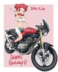 Rule 34 | 1girl, absurdres, bad id, bad pixiv id, bandeau, birthday, blush, hand up, harukaze doremi, heart, highres, konkon, midriff, motor vehicle, motorcycle, navel, ojamajo doremi, one eye closed, open mouth, red hair, shoes, shorts, sitting, smile, sneakers, solo, straddling, taut clothes, vehicle, wink