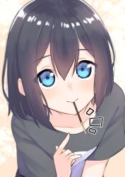 Rule 34 | 1girl, black hair, black shirt, blue eyes, closed mouth, collarbone, commentary request, food, food in mouth, hair between eyes, hand up, highres, looking at viewer, mouth hold, original, pocky, shirt, short sleeves, solo, suzunari shizuku, upper body, yuki arare