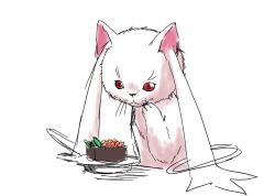 Rule 34 | 10s, animal, bento, bowl, cat, food, hand on own face, kyubey, looking down, mahou shoujo madoka magica, mahou shoujo madoka magica (anime), no humans, nura (oaaaaaa), pointy ears, red eyes, simple background, sushi, thinking, whiskers, white background