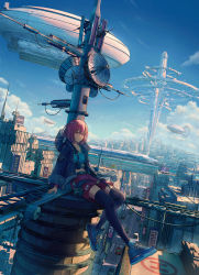 Rule 34 | 1girl, absurdres, backlighting, black thighhighs, blue footwear, blue jacket, blue sky, building, car, city, cityscape, cloud, commentary, crosswalk, day, english commentary, helipad, highres, hood, hooded jacket, jacket, looking at viewer, midriff, motor vehicle, original, planetariangaolin, red eyes, red hair, red shorts, scenery, science fiction, shadow, shoes, short hair, shorts, sitting, sky, sneakers, solo, thighhighs, traffic, train, wide sleeves