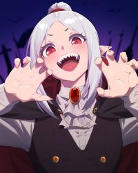 Rule 34 | 1boy, absurdres, alternate hair color, black vest, blush, brooch, buttons, cape, claw pose, fingernails, grey hair, halloween, halloween costume, highres, in (ain), jewelry, long sleeves, looking at viewer, male focus, open mouth, original, parted bangs, pointy ears, red cape, red eyes, sharp fingernails, sharp teeth, shirt, sidelocks, slit pupils, solo, teeth, tongue, trap, vampire costume, vest, white hair, white shirt