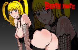 Rule 34 | 1girl, amane misa, ass, blonde hair, blush, breasts, death note, isreal g. falcon, large breasts, long hair, looking at viewer, looking back, nipples, smile, solo, thighhighs