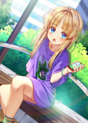 Rule 34 | 1girl, absurdres, animal print, bangle, blonde hair, blue eyes, bracelet, casual, cellphone, contemporary, day, dutch angle, frog print, highres, holding, holding phone, jewelry, long hair, looking at viewer, md5 mismatch, moriya suwako, nora wanko, outdoors, phone, purple shirt, resolution mismatch, shirt, sidelocks, sitting, smartphone, socks, solo, source smaller, striped clothes, striped socks, touhou